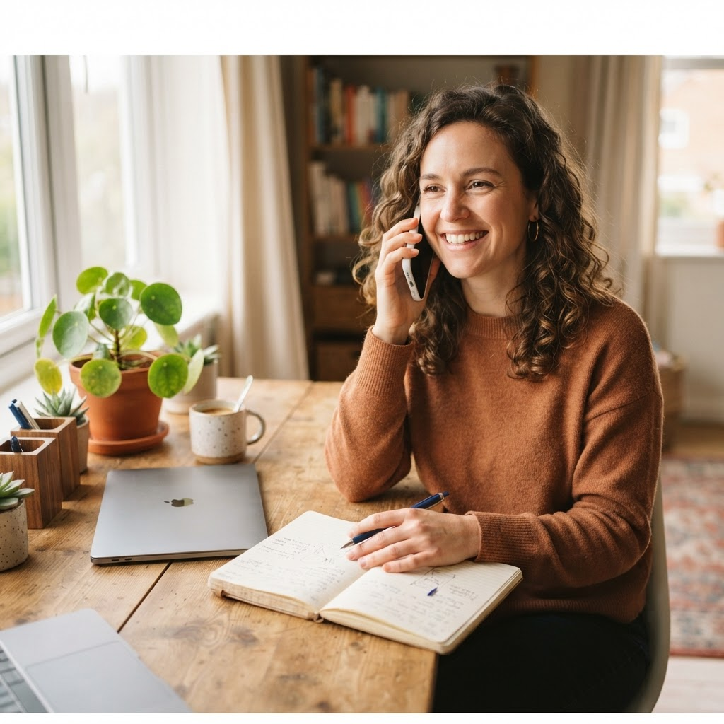A friendly WilGlobo consultant smiling on a call while taking notes