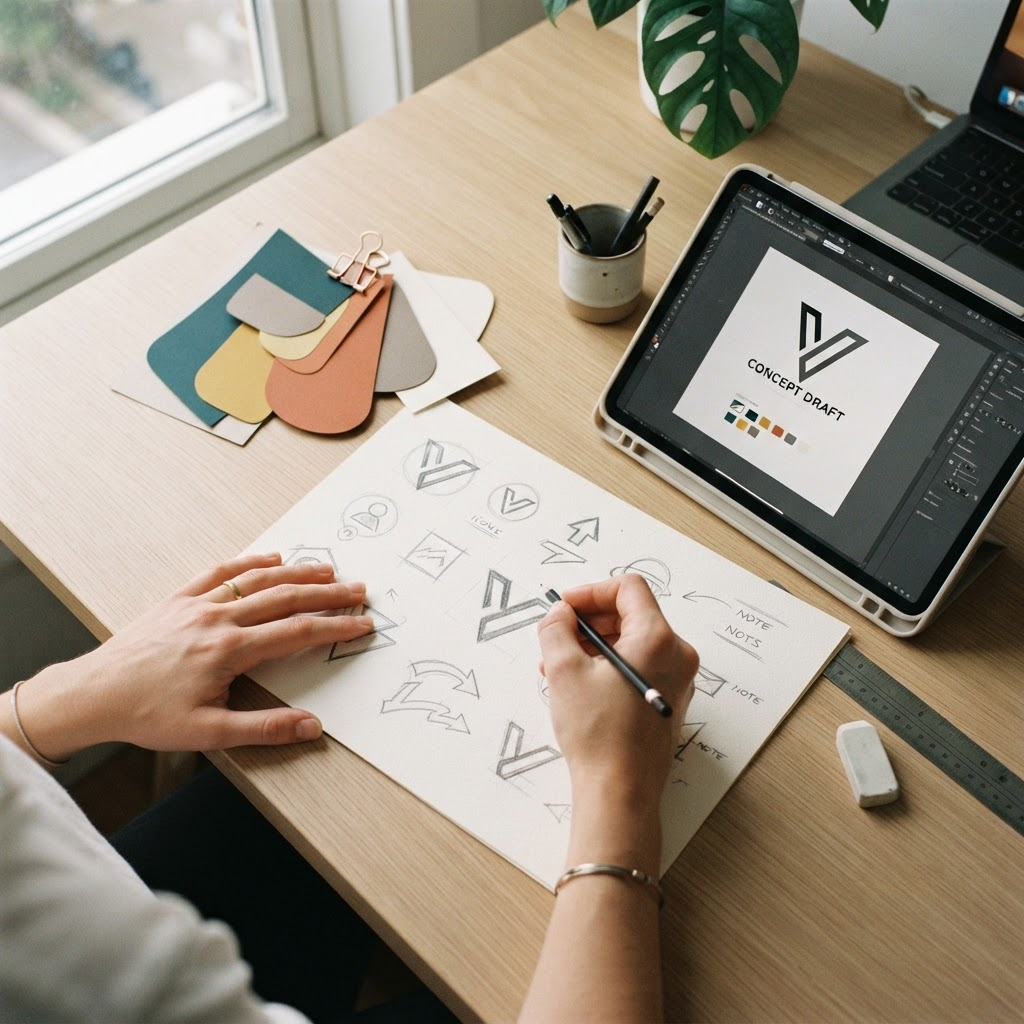 A designer sketching logo concepts with brand color swatches